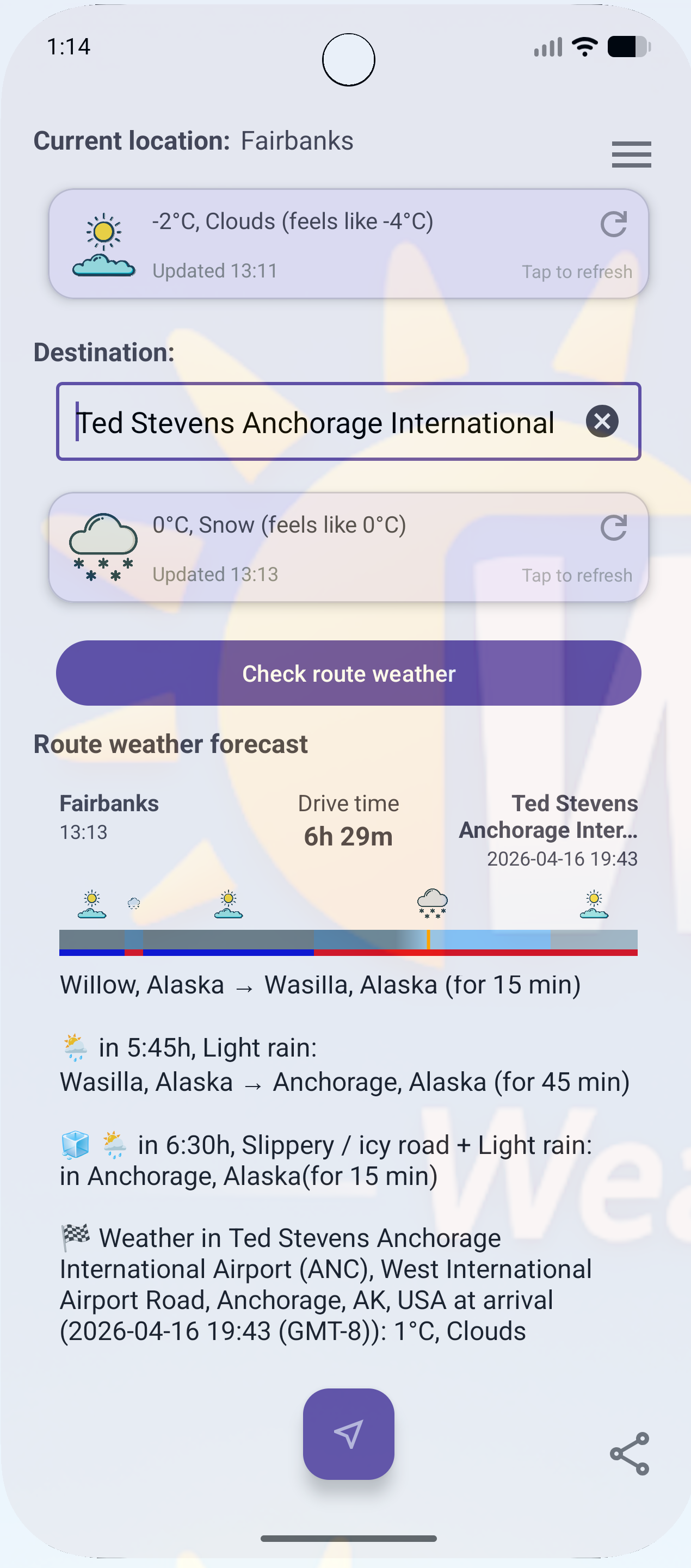 WeatherRoute app screenshot